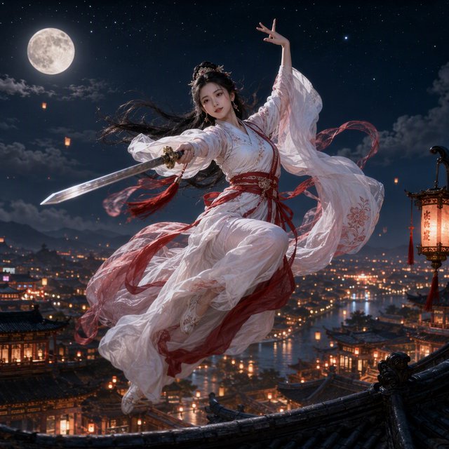 Elegant young adult Chinese female dancer performing a sword dance on a rooftop in ancient China at night, wearing flowing hanfu in primary white with secondary red accents. She leaps high in midair with her body arched backward, sword arm thrust forward, while her other arm rises gracefully above her with the hand forming delicate orchid fingers. Frontal three-quarter view, long black hair and sleeves flowing, expressive elegant pose, lantern-lit ancient city below, glowing rooftops and streets, romantic moonlit atmosphere. — GPT Image 2