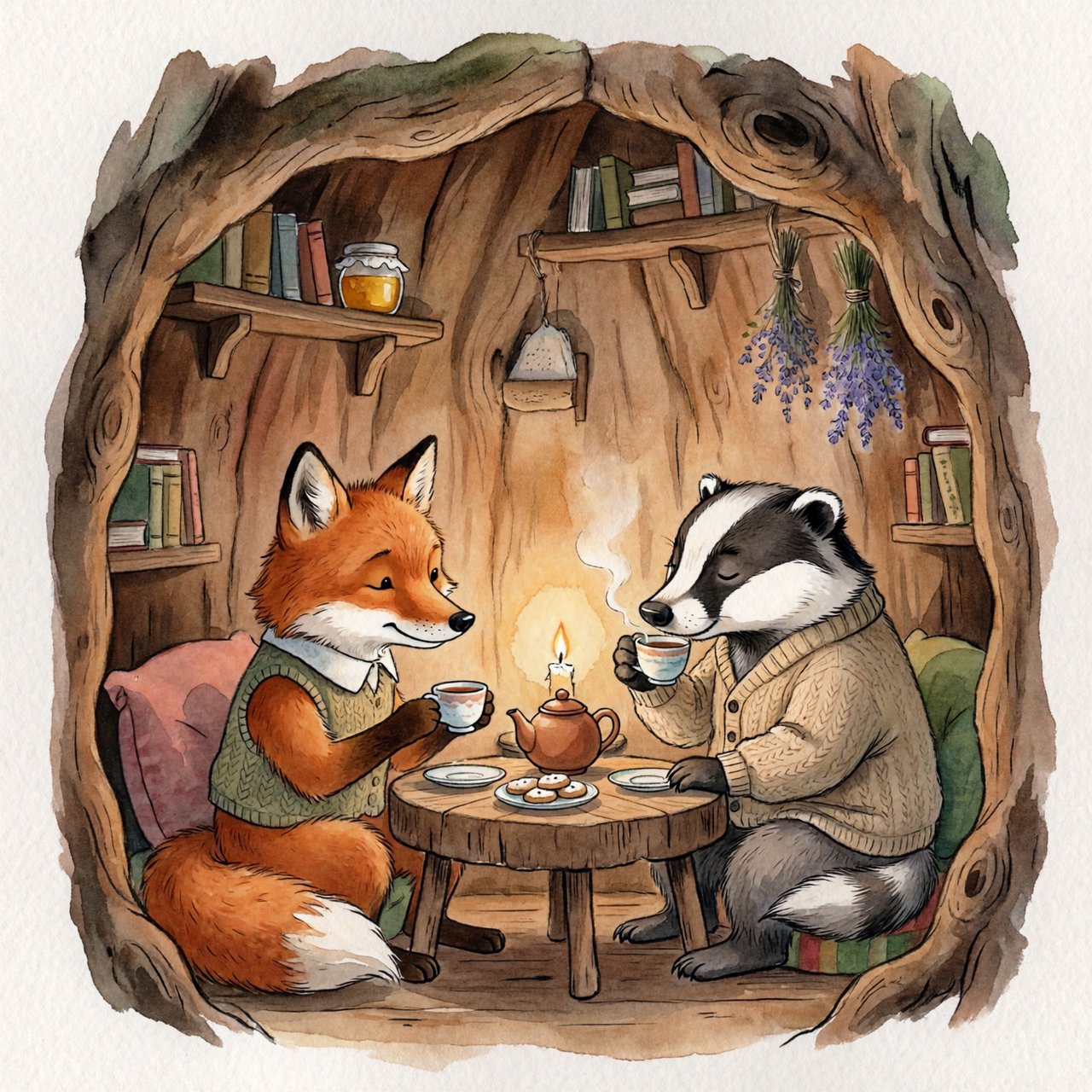 Children's book illustration of a fox and a badger sharing tea in a hollow tree, watercolour and ink, warm and gentle. — ImagineArt 2