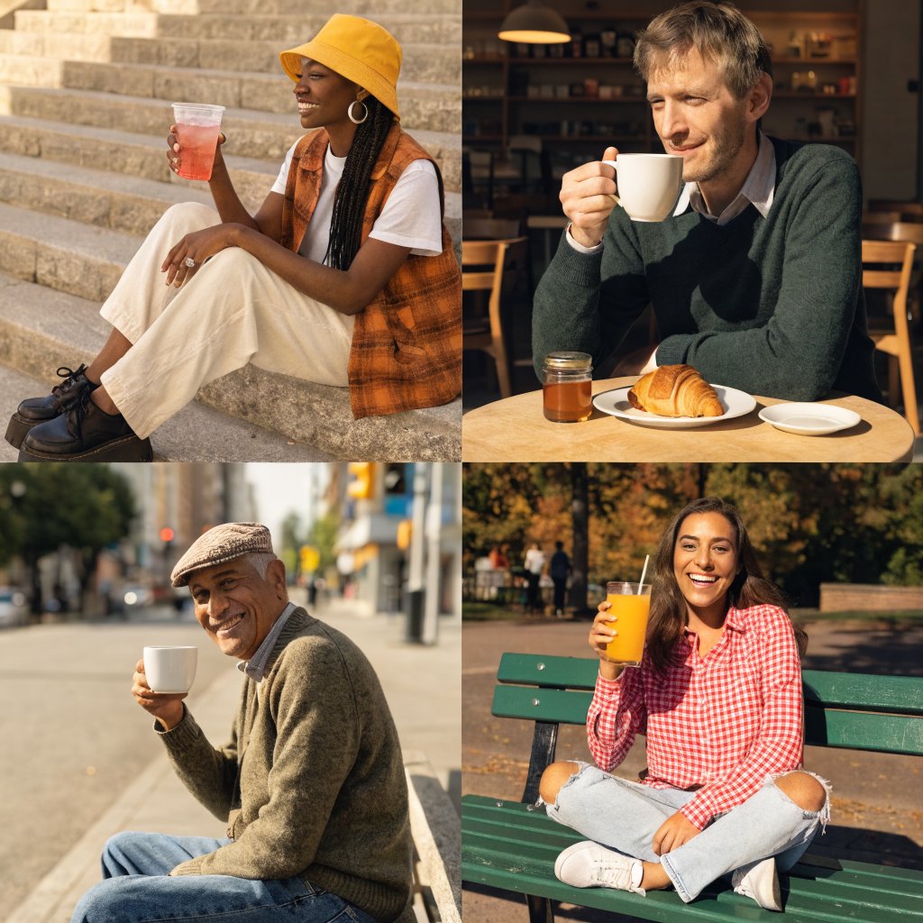A realistic multi-panel composition with 4–7 panels, each depicting an adult enjoying a wonderful day in a distinct everyday setting. — Recraft v4