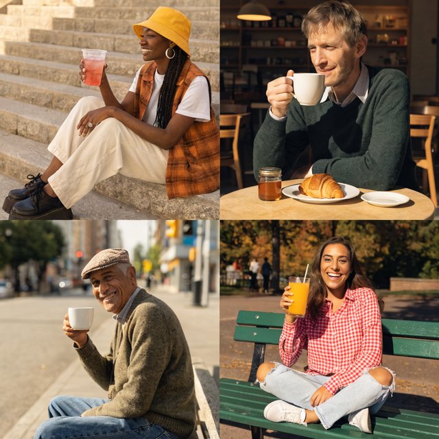 A realistic multi-panel composition with 4–7 panels, each depicting an adult enjoying a wonderful day in a distinct everyday setting. — Recraft v4