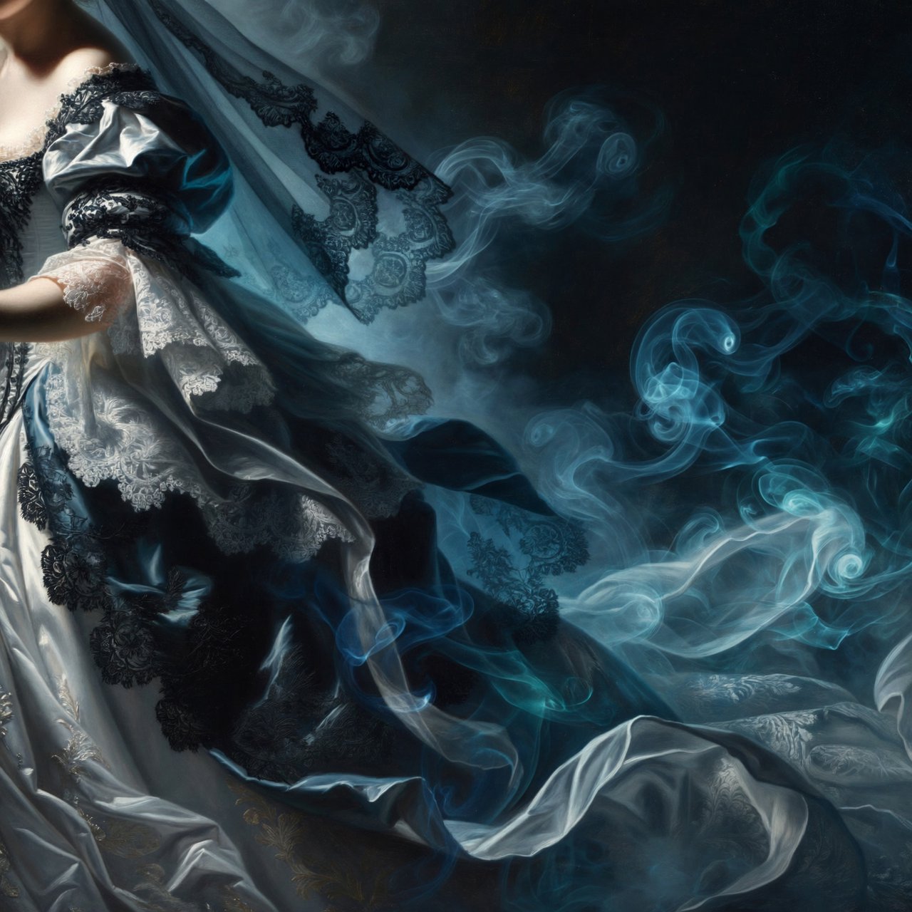 Baroque-style digital dark fantasy and cinematic Gothic horror; painterly realism, chiaroscuro à la Caravaggio; cool color palette of blues and turquoises, deep black shadows; swirling magical smoke, dynamic diagonal composition; intricate lace fabrics, detailed skin and creature textures; volumetric lighting, elegant, fluid movement; fantasy book cover illustration; dramatic storytelling, atmospheric depth. Gothic bride — ImagineArt 2