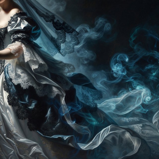 Baroque-style digital dark fantasy and cinematic Gothic horror; painterly realism, chiaroscuro à la Caravaggio; cool color palette of blues and turquoises, deep black shadows; swirling magical smoke, dynamic diagonal composition; intricate lace fabrics, detailed skin and creature textures; volumetric lighting, elegant, fluid movement; fantasy book cover illustration; dramatic storytelling, atmospheric depth. Gothic bride — ImagineArt 2