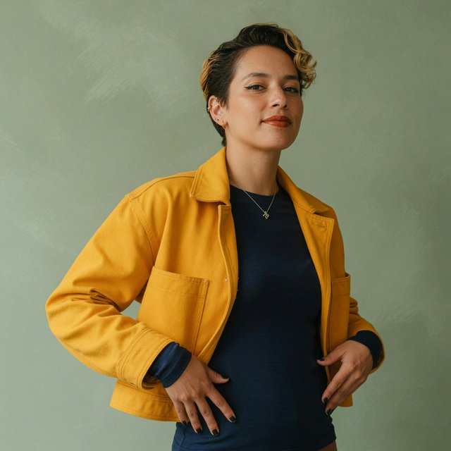 Fashion portrait of an adult nonbinary person in their late twenties wearing a structured saffron-yellow canvas jacket over a fine-gauge navy merino top, hands resting on the jacket hem. Their bright, self-assured expression contrasts with a softly lit sage-green backdrop. — Grok Imagine Image Quality