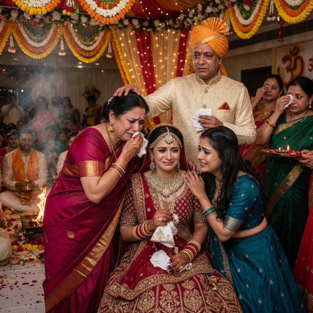 A realistic scene of an Indian wedding showing the emotions of the adult bride and her adult family members — Grok Imagine Image Quality