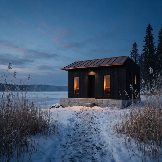 Exterior of a Scandinavian modernist lakeside sauna pavilion, blackened timber cladding, pale granite plinth, copper roof, winter blue-hour light glowing through narrow windows, viewed from a snowy reed-lined path, straight structural geometry and plausible construction. — Seedream 5.0 Pro