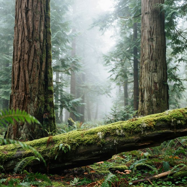 Old-growth temperate rainforest after rain, moss-covered fallen log, fog between the trunks, soft diffused light. — Ideogram v4