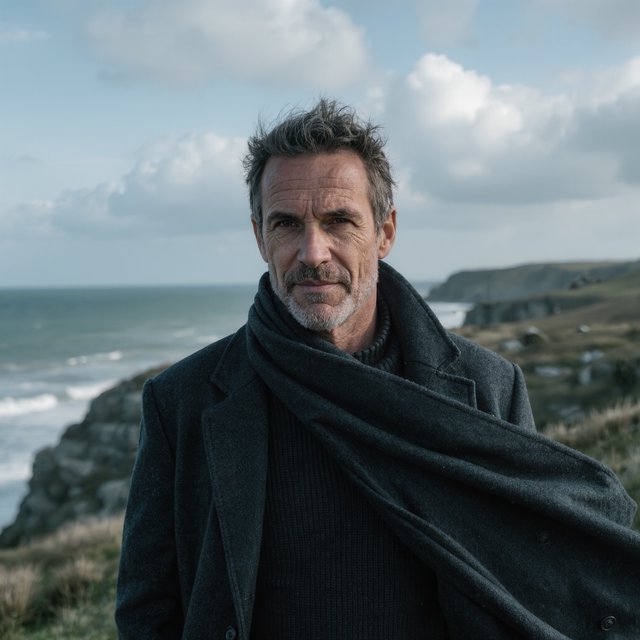 Wind lifts the hem of a charcoal wool coat as an adult man in his late 40s keeps a pensive gaze. The portrait frames him against a windswept coastal bluff beneath cool, cloud-filtered daylight. — Kling v3 Omni