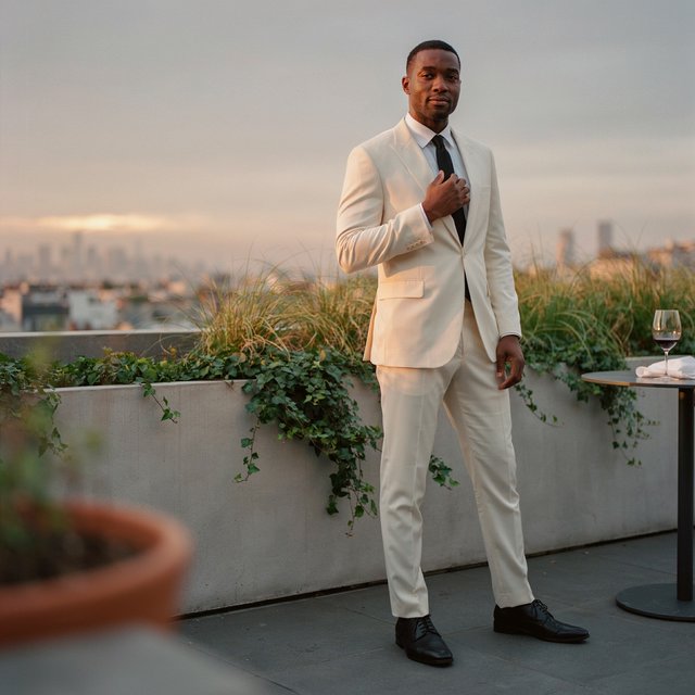 Under the copper glow of a rooftop terrace, an adult Black man in a tailored cream dinner suit is caught smoothing his lapel as evening breeze stirs nearby grasses; calm poise, sculpted shadows and refined fashion-magazine polish. — Ideogram v4