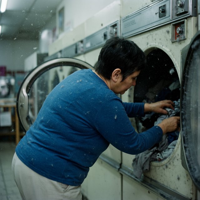 Candid documentary photograph of an adult sorting laundry in a neighborhood laundromat, cool fluorescent light, 35mm lens with moderate depth of field, lint specks floating near a tumbling dryer door. — Krea 2 Large
