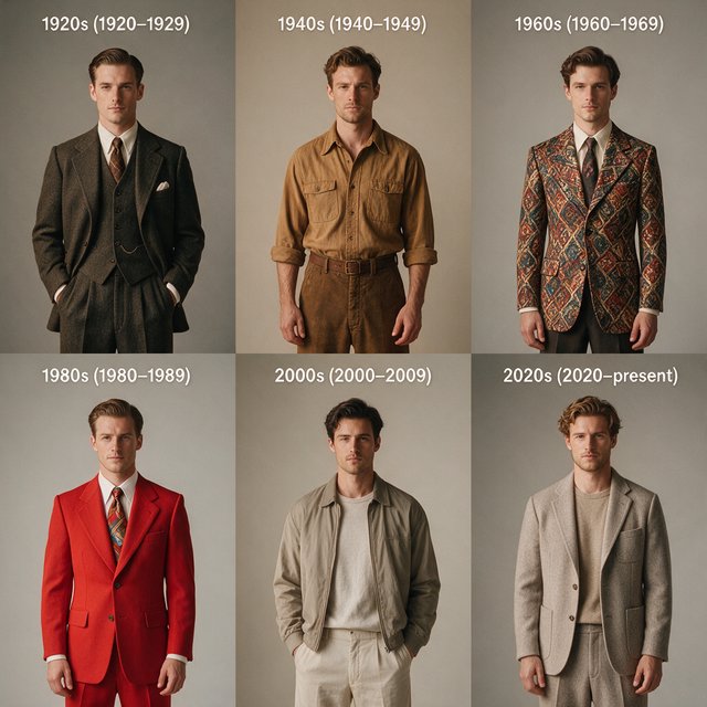 A realistic image only, showing nice outfits worn by adult men from at least 4–6 different eras. Mention the time range for each era. — Seedream 5.0 Pro