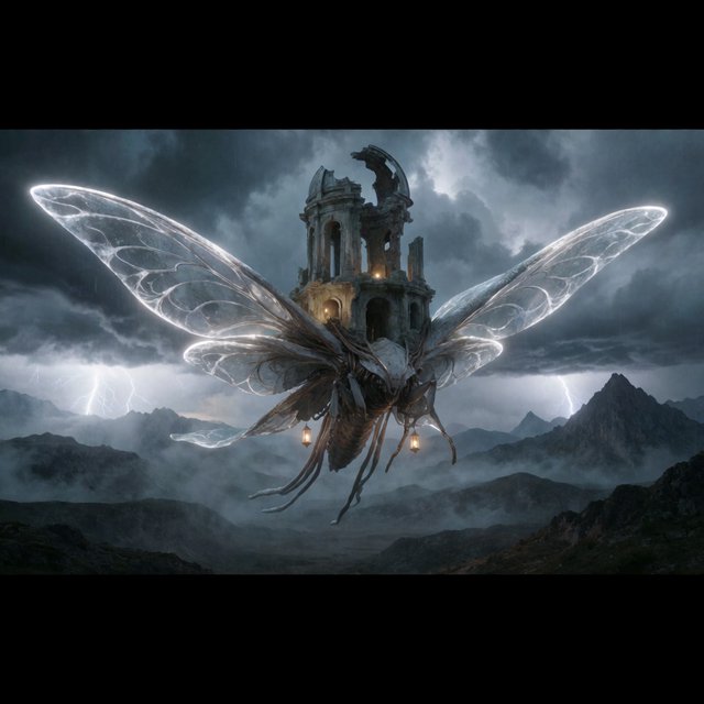 A colossal moon-moth creature glides above a stormy mountain range, its translucent wings glowing with silver veins and carrying a ruined observatory on its back. Lightning silhouettes distant peaks while amber lanterns shimmer through rain and cloud. — Krea 2 Medium