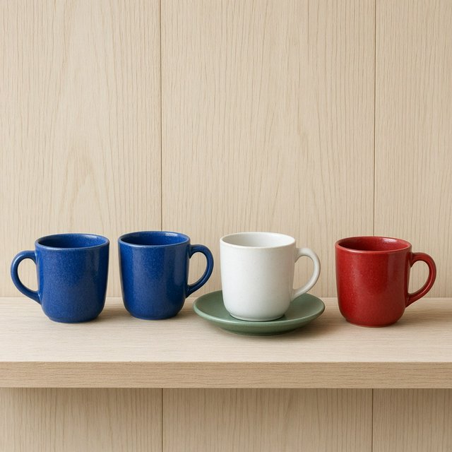 Exactly four ceramic mugs sit on a pale wooden shelf: two blue mugs on the left, one white mug in the center, and one red mug on the right. A green saucer is beneath the center mug, nothing else. — Grok Imagine Image 2