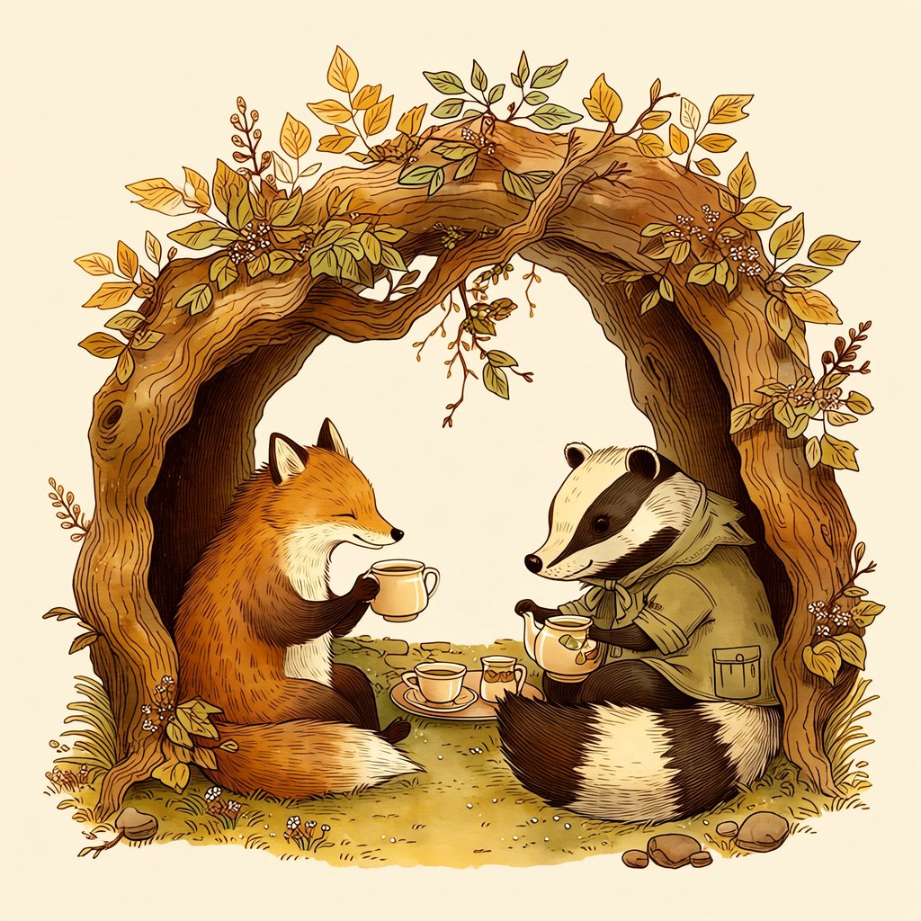 Children's book illustration of a fox and a badger sharing tea in a hollow tree, watercolour and ink, warm and gentle. — Midjourney Niji 7