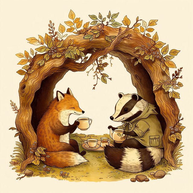 Children's book illustration of a fox and a badger sharing tea in a hollow tree, watercolour and ink, warm and gentle. — Midjourney Niji 7