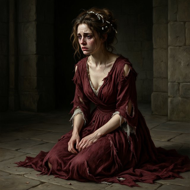 A dramatic cinematic portrait of a fallen noblewoman kneeling in a dimly lit stone chamber, wearing a disheveled dark crimson silk gown, the fabric torn and loose, revealing hints of pale skin, strong chiaroscuro lighting highlighting her silhouette and sorrowful expression, tears, messy hair adorned with broken pearls, atmosphere of despair and silence, oil painting style realism — Qwen Image 3.0
