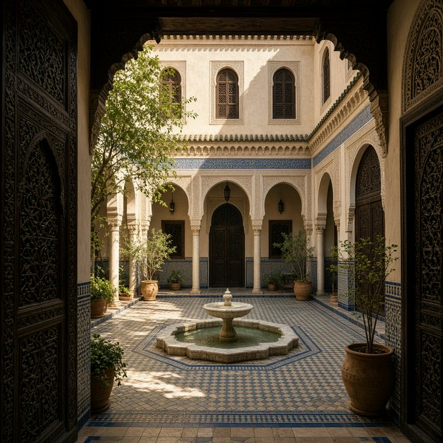 From a shaded courtyard entrance, Moorish Revival residences enclose a tiled fountain court, with cream stucco, carved cedar doors, and blue ceramic bands; late sunlight filters through arcades, revealing aligned walls and credible supports. — Grok Imagine Image 2