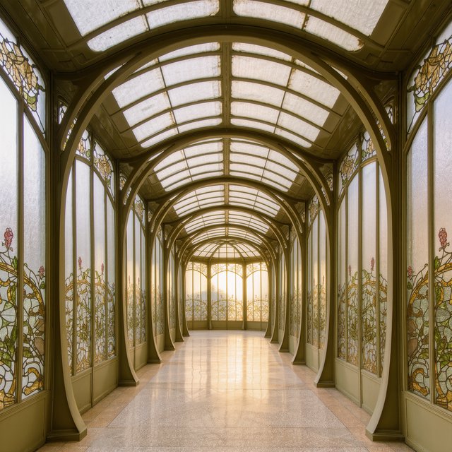 Interior of an Art Nouveau winter garden, curved iron ribs, cream terrazzo floor, hand-painted botanical glass panels, filtered late-afternoon sunlight, viewed from the entrance along the central axis, elegant geometry and believable load-bearing structure. — Kling v3 Omni