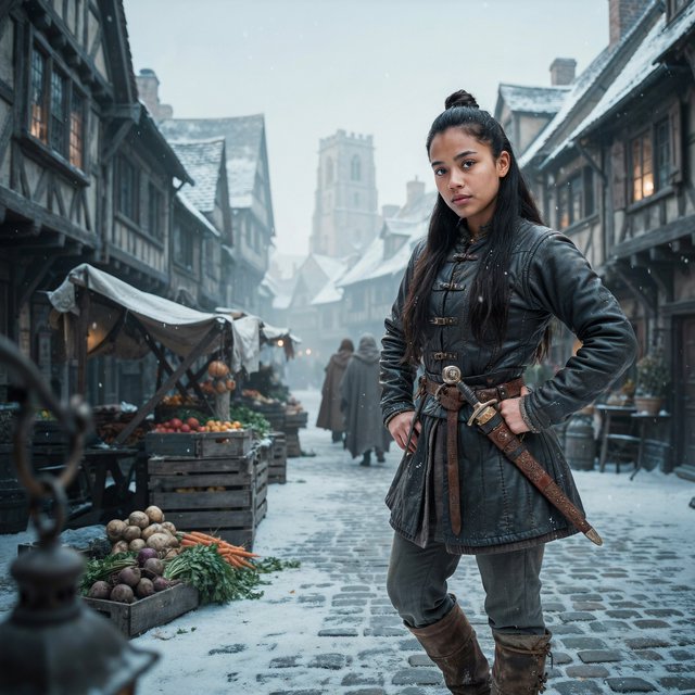 An eighteen-year-old woman. She has long straight black hair tied up, brown eyes, and dark skin. She is wearing a dark leather tunic, grey leather pants, and leather boots. She has a sheathed dagger on her hip, standing with her hands on her hips and looking at the viewer. She is standing in a snowy medieval city. — Model 7