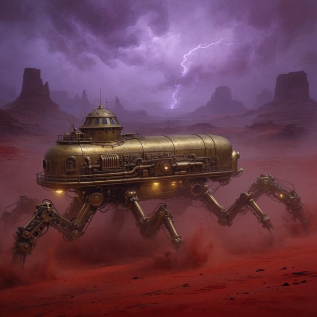 A colossal brass desert crawler carries an observatory dome across red dunes, its articulated legs striding through a sandstorm. Warm lamps glow beneath the hull while distant mesas fade into violet dusk and lightning illuminates the horizon. — Krea 2 Large