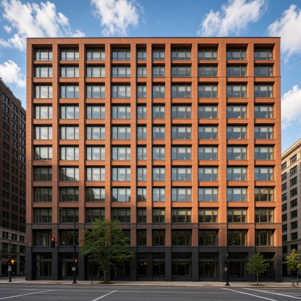 Exterior of a Chicago School office tower, with a visible steel-frame grid, warm terra-cotta cladding, broad rectangular windows, and a flat roofline; clear afternoon light, viewed from across a city street, with precise verticals and believable construction. — Grok Imagine Image 2