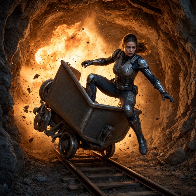 Collapsing mine, woman in a futuristic outfit, in a runaway mine cart. The cart is moving towards the foreground. Behind her cart, there was a huge explosion in the mine. The impact of the explosion is so great that it has knocked the cart off the tracks and sent the rider flying. Angle the empty cart, which is in the process of shattering, close to the woman. Focus the image on the female rider who has flown off the cart. Ensure her features are photorealistic. Make the scene photorealistic, explosive, and exciting as if it is from an action-packed movie. — Qwen Image 3.0 Pro