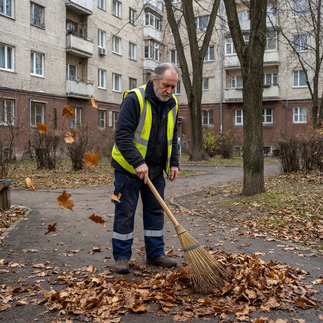 Candid documentary photograph of an adult groundskeeper sweeping damp leaves from an apartment courtyard, pale overcast morning light, 35mm lens with moderate depth of field, a few leaves caught midair in motion blur. — Qwen Image 3.0 Pro