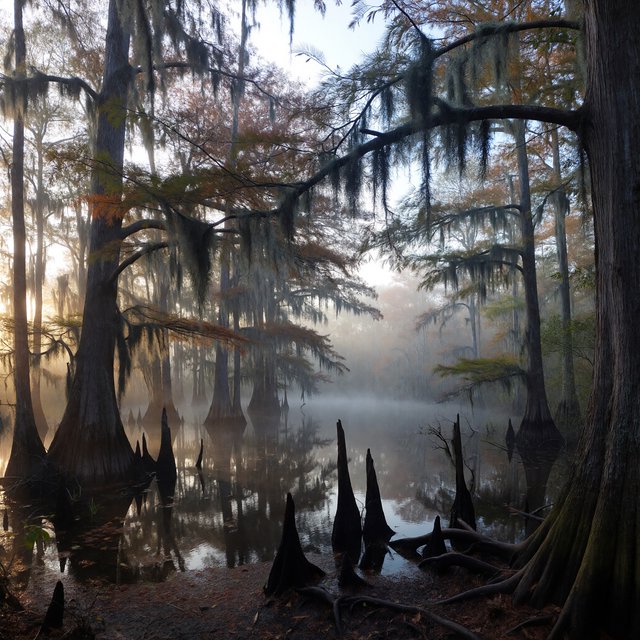 A cypress swamp at foggy sunrise after overnight drizzle, dark tea-colored water threading between moss-draped trunks; slick root knees and floating leaves lead toward pale trees disappearing into layered mist. — ImagineArt 1.5 Pro