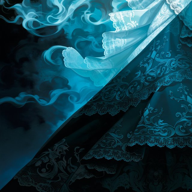 Baroque-style digital dark fantasy and cinematic Gothic horror; painterly realism, chiaroscuro à la Caravaggio; cool color palette of blues and turquoises, deep black shadows; swirling magical smoke, dynamic diagonal composition; intricate lace fabrics, detailed skin and creature textures; volumetric lighting, elegant, fluid movement; fantasy book cover illustration; dramatic storytelling, atmospheric depth. Gothic bride — Midjourney Niji 7