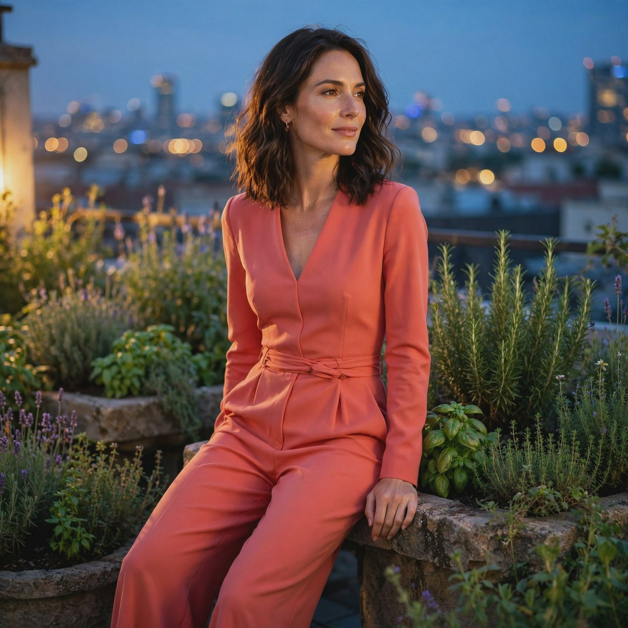 Editorial glamour photograph of an adult woman in a tailored coral evening jumpsuit on a rooftop herb garden at blue hour, resting one hand on a stone planter, flattering sunset glow, relaxed expression, city lights softly blurred behind her. — Muse Image 1.0