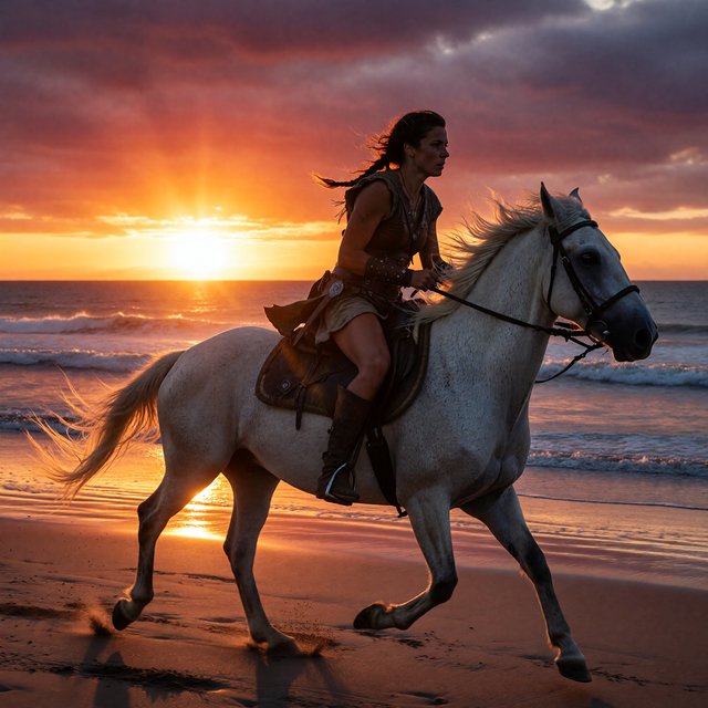 An adult female warrior on her white steed galloping along a fine-sand beach at sunset. — ImagineArt 1.5 Pro