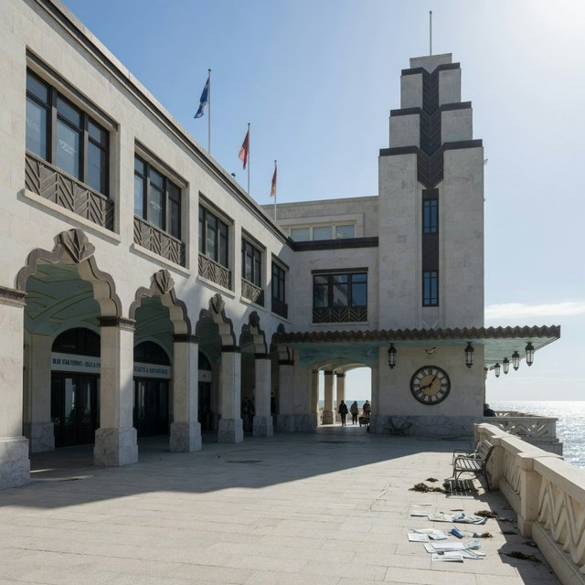 Exterior of a coastal Art Deco ferry terminal, cream limestone, dark bronze window frames, stepped geometric tower and sheltered arcade, late-morning sunlight casting sharp shadows, viewed from across a windswept stone forecourt, realistic architectural photography with precise lines and plausible structure. — Grok Imagine Image Quality