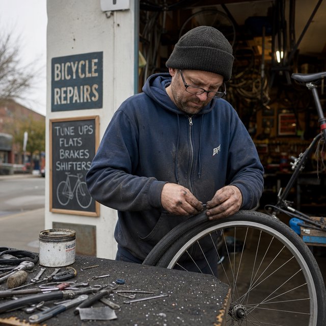Candid documentary photograph of an adult bicycle mechanic repairing a flat tire outside a neighborhood workshop, soft overcast daylight, 35mm lens with moderate depth of field, greasy fingerprints, dust, and tiny metal shavings visible on the workbench. — GPT Image 2