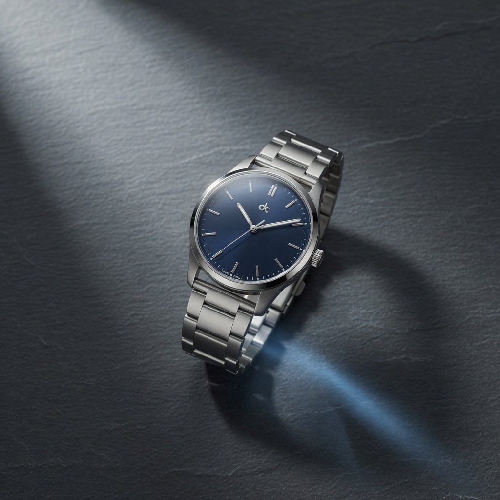 Product shot of a minimalist steel wristwatch with a navy dial on dark slate, single softbox from the upper left, subtle reflection. — Grok Imagine Image Quality
