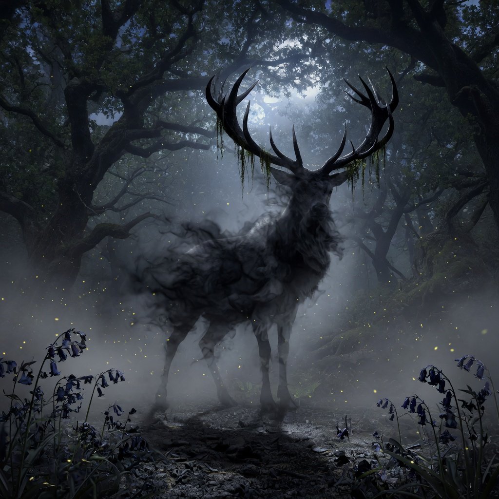 Low-angle wide shot, ancient overgrown oak forest at midnight: a colossal ghost stag looms, its semi-transparent form woven from swirling inky mist threaded with liquid silver moonlight. Polished obsidian antlers cut through shadow, jagged edges catching faint starlight, moss dangling from their points. Heavy hooves press into the loamy forest floor, wild bluebells and ferns curling black and crumbling to ash beneath each step. Hundreds of faint gold fireflies drift slowly through thick volumetric fog, their glows diffused in the haze. Deep indigo and charcoal color palette, somber quiet dread, atmospheric dark fantasy aesthetic, soft dappled moonlight filtering through a gnarled canopy, cinematic depth of field, sharp fine edges on the stag's antlers and decaying foliage. — Grok Imagine Image Quality