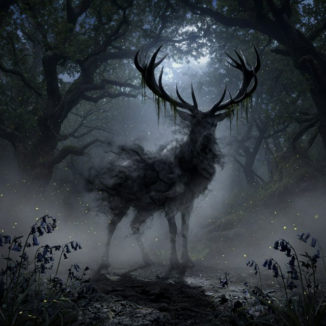 Low-angle wide shot, ancient overgrown oak forest at midnight: a colossal ghost stag looms, its semi-transparent form woven from swirling inky mist threaded with liquid silver moonlight. Polished obsidian antlers cut through shadow, jagged edges catching faint starlight, moss dangling from their points. Heavy hooves press into the loamy forest floor, wild bluebells and ferns curling black and crumbling to ash beneath each step. Hundreds of faint gold fireflies drift slowly through thick volumetric fog, their glows diffused in the haze. Deep indigo and charcoal color palette, somber quiet dread, atmospheric dark fantasy aesthetic, soft dappled moonlight filtering through a gnarled canopy, cinematic depth of field, sharp fine edges on the stag's antlers and decaying foliage. — Grok Imagine Image Quality