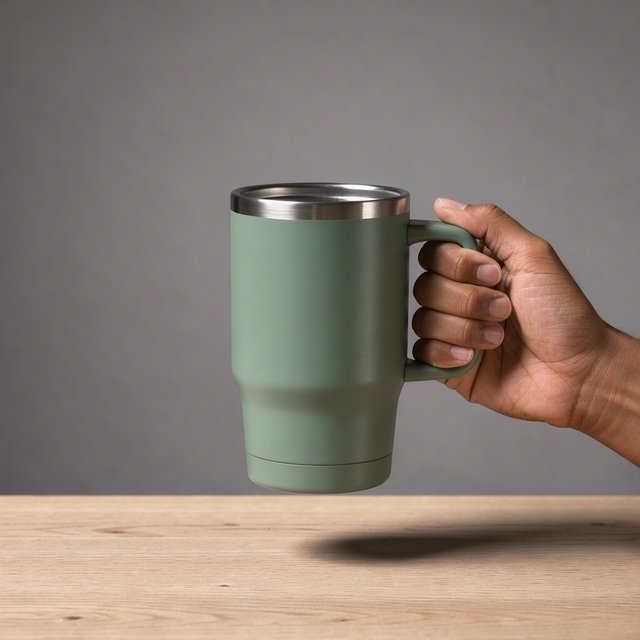 An adult hand lifts an unbranded insulated travel mug, its matte sea-glass polymer body and brushed-steel rim catching softbox highlights above a pale oak counter; warm gray studio backdrop, broad diffused key and cool edge light, no face or lettering. — FLUX 3 Image