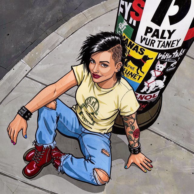 Realistic India ink illustration with crisp black lines, realistic anatomy and proportions, and watercolor fills; black ink outlines remain visible. Full-length, overhead view. A Latina woman sits on the pavement with her back against an enormous, thick round downtown pillar covered in posters for bands, art shows, burlesque, and a lost dog. One hand rests on the pavement, the other on an ankle. She tilts her head back, looking up at the viewer with a confident smile. Character: 25-year-old woman, medium-brown skin, slim build, edgy punk/goth appearance. Black asymmetrical undercut, right side shaved, longer top brushed across forehead, short messy ponytail. Sharp features, arched brows, brown almond-shaped eyes, heavy eyeliner, dark burgundy lipstick, six ear piercings. Each fingernail a different color. Loose pale-yellow graphic T-shirt, ripped blue jeans, dark red combat boots. Full left-arm sleeve tattoo of vines, leaves, and red roses. Thick black leather bracelets on both wrists. — Kling v3