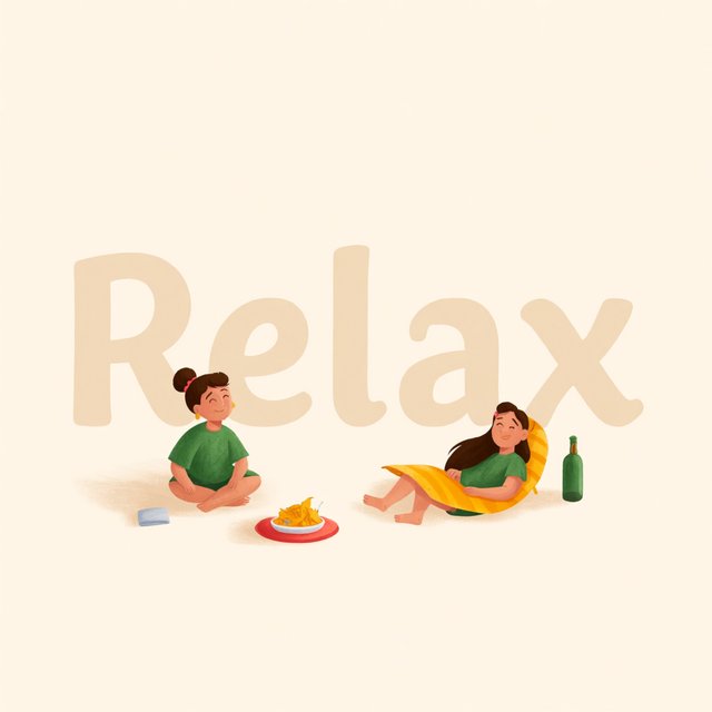 An image representing the word and concept of “Relaxing.” There are at least 4 moments that represent this. The word “Relax” and another word representing it are hidden naturally in the background. — Krea 2 Medium