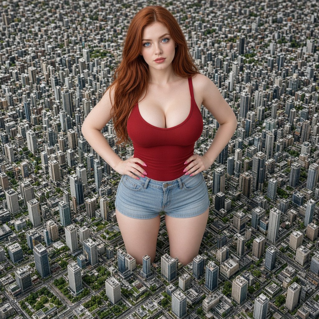 A beautiful adult woman with red hair, pale skin, and blue eyes. She has a slim but curvy body, a very large bust, and thick thighs. She has long pink manicured nails and is wearing a red low-cut singlet and tight denim shorts, along with light makeup. She is standing in a large empty space. A realistic-looking miniature city covers the whole floor, and the woman is standing in the middle of it with her hands on her hips, looking at the viewer. — Grok Imagine Image 2