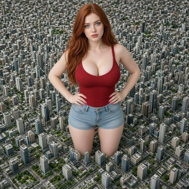 A beautiful adult woman with red hair, pale skin, and blue eyes. She has a slim but curvy body, a very large bust, and thick thighs. She has long pink manicured nails and is wearing a red low-cut singlet and tight denim shorts, along with light makeup. She is standing in a large empty space. A realistic-looking miniature city covers the whole floor, and the woman is standing in the middle of it with her hands on her hips, looking at the viewer. — Grok Imagine Image 2