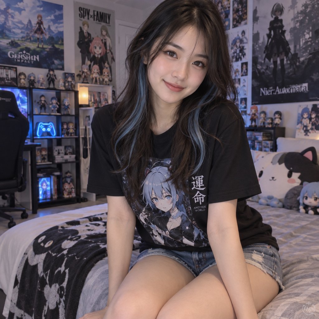 A young beautiful woman of Chinese descent, she is twenty years old, sitting in a bedroom, sitting on the edge of her bed. She is wearing a black anime-themed shirt and denim shorts. She has dark brown hair with light blue highlights, brown eyes, pale skin. Her bedroom has anime- and video game-inspired posters and trinkets. Looking at the viewer, smiling. — GPT Image 2.5 Sunburst