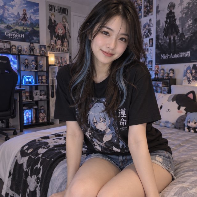 A young beautiful woman of Chinese descent, she is twenty years old, sitting in a bedroom, sitting on the edge of her bed. She is wearing a black anime-themed shirt and denim shorts. She has dark brown hair with light blue highlights, brown eyes, pale skin. Her bedroom has anime- and video game-inspired posters and trinkets. Looking at the viewer, smiling. — GPT Image 2.5 Sunburst