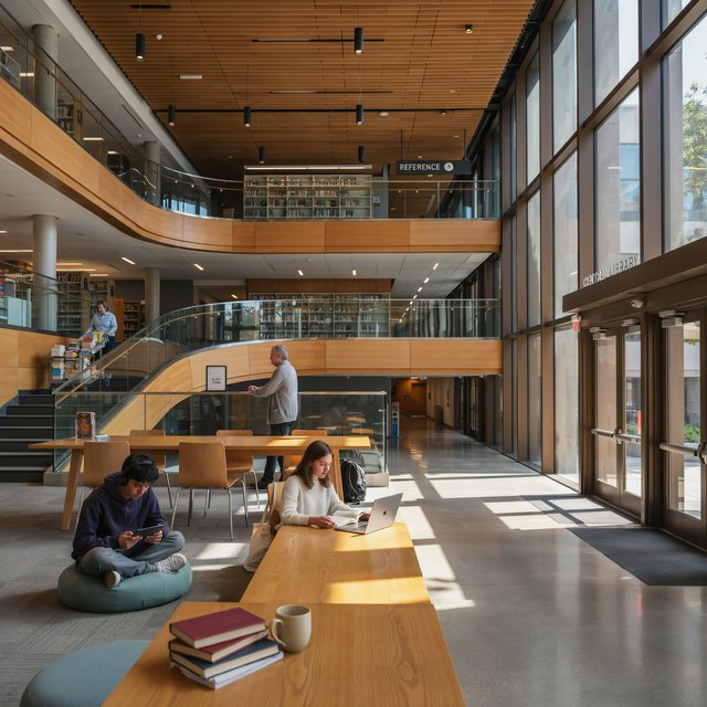 Interior of a modern public library with a three-storey atrium, timber ceiling slats, people reading, afternoon light through a glass wall. — Ideogram v4
