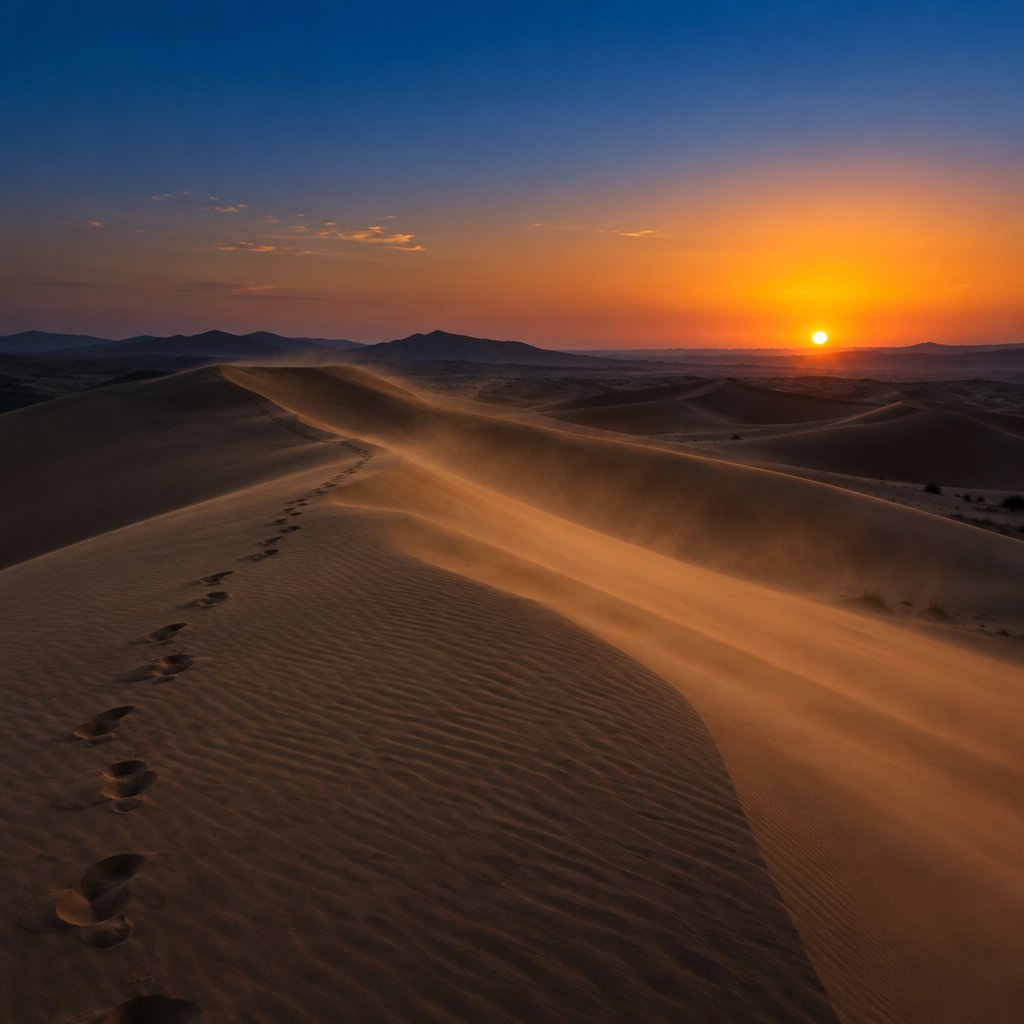 Sand dunes at sunset with wind-blown ridges, one set of footprints, deep blue sky fading to orange. — GPT Image 2.5 Sunburst