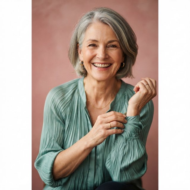 Portrait photograph of an adult woman in her early 60s wearing a softly pleated sea-green silk blouse, hands brushing its gathered sleeve fabric. Her amused, open expression stands against a matte rose backdrop, illuminated by broad, gentle studio light. — Nano Banana 2 Lite