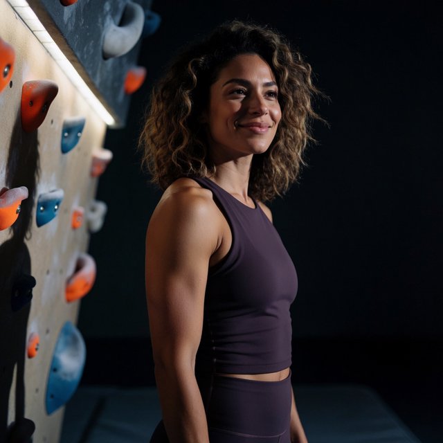 Editorial glamour photograph of an adult woman in a plum fitness set, pausing naturally beside a sunlit indoor climbing wall, flattering side light tracing colorful holds, loose curls and an easy, confident smile. — Krea 2 Medium