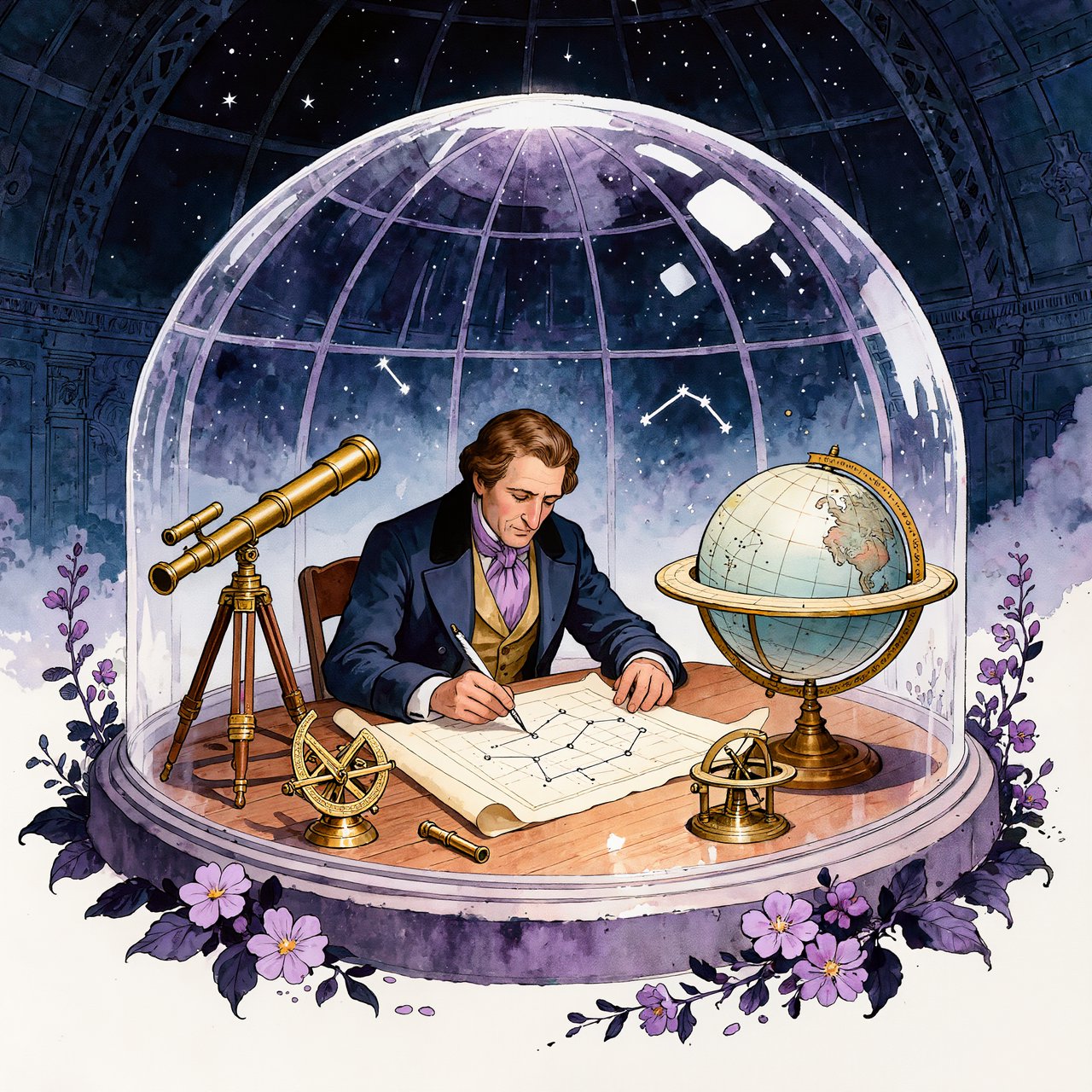 Ink-and-watercolour illustration of an adult astronomer mapping constellations from a glass-domed observatory, surrounded by brass instruments and flowering night plants. Indigo, lavender, and pale gold palette, delicate linework, serene atmospheric detail. — Kling v3