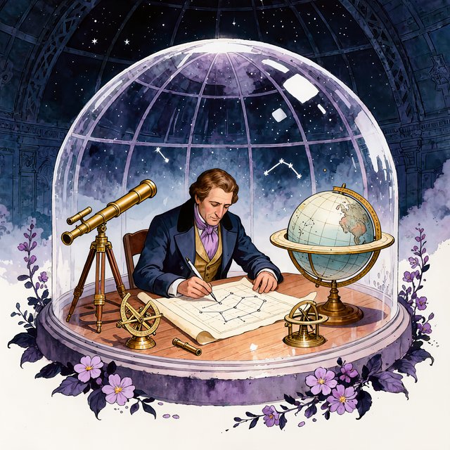 Ink-and-watercolour illustration of an adult astronomer mapping constellations from a glass-domed observatory, surrounded by brass instruments and flowering night plants. Indigo, lavender, and pale gold palette, delicate linework, serene atmospheric detail. — Kling v3