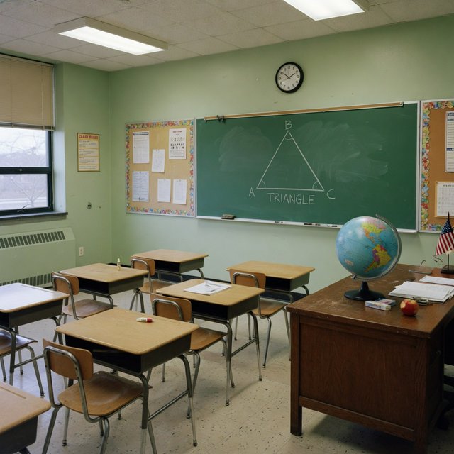 A classroom with exactly four desks in two rows, a globe on the teacher's desk, a chalkboard with a single drawn triangle, empty of people. — Grok Imagine Image Quality