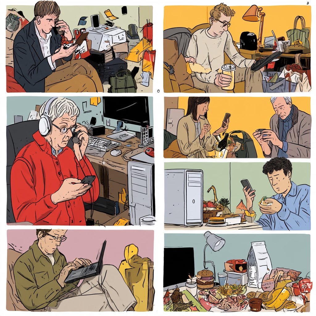 Realistic. Adults in the U.S., Canada, and Asia getting a ton of expensive free stuff (phones, PCs, nice food, and all kinds of other things). 4–6 panels. The adults react in the way one would expect as a result. — Midjourney V8.2